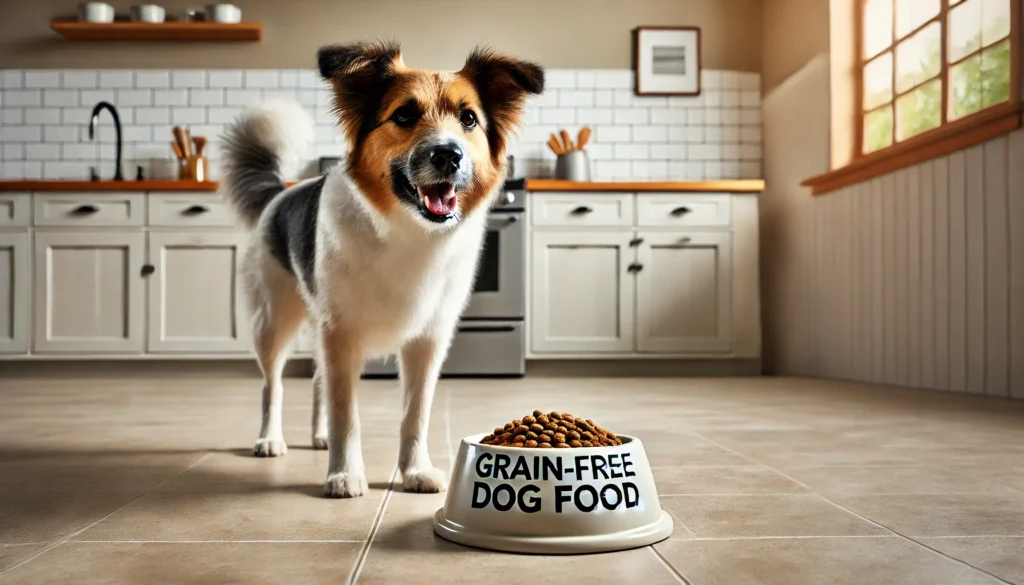 Dog enjoying a bowl of grain-free dog food for sensitive stomachs