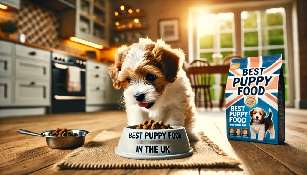 A cute puppy enjoying a best dog food for puppies UK