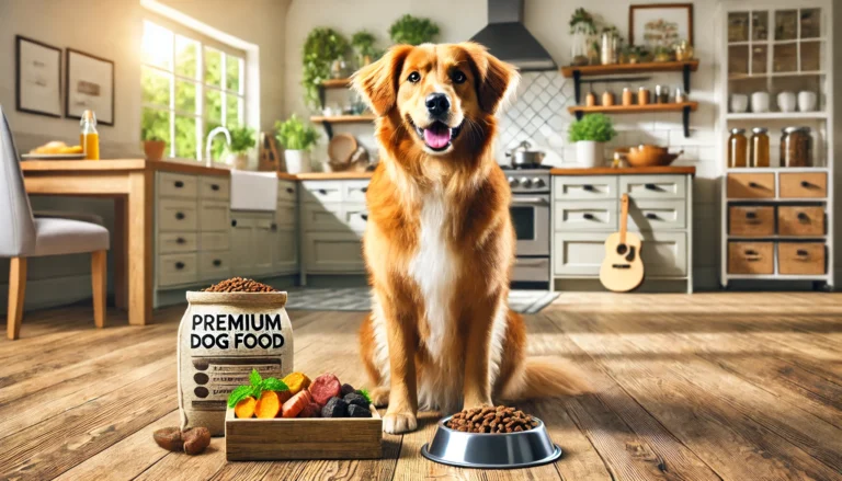 Happy dog with a bowl of premium dog food for sensitive stomachs, including chicken, sweet potatoes, and rice